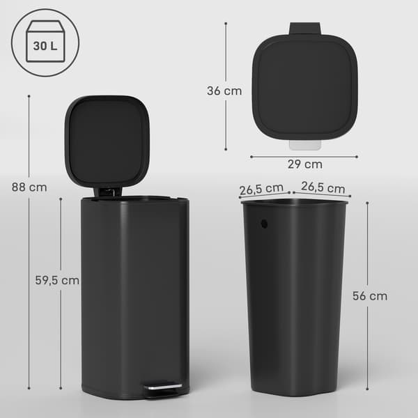 30L køkkenaffaldsspand med soft-close låg, sort
