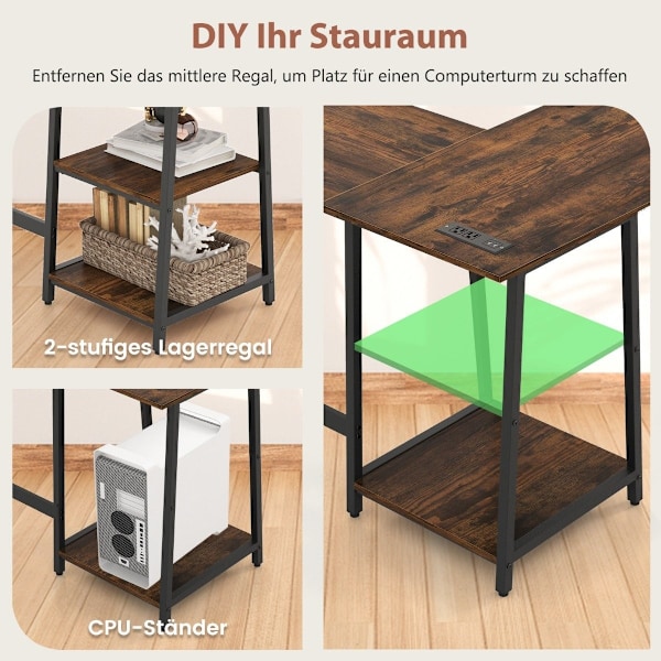 Skrivebord L-Shape hjørne skrivebord med stikkontakter &amp; USB-porte 120 x 120 x 75 cm rustik brun