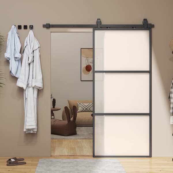 Skydedørssæt med matteret glas, soft-close, sort stål