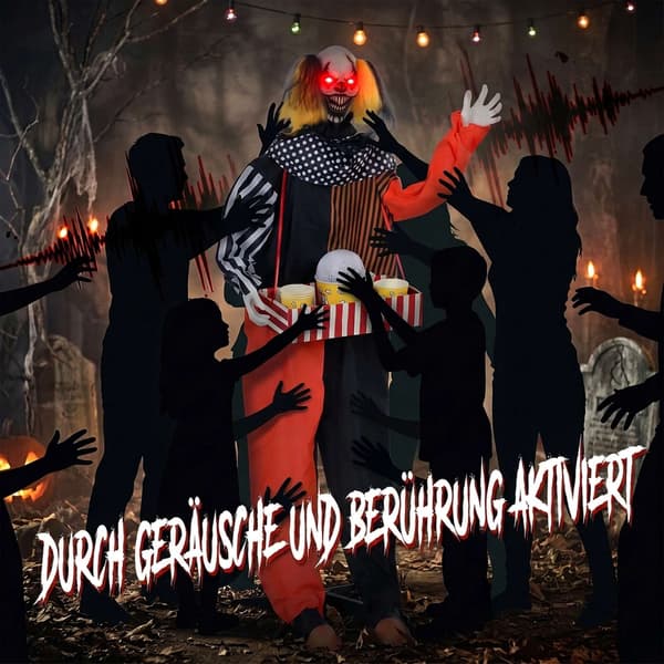 Animerad Halloweenclown med popcornlåda och LED-ögon