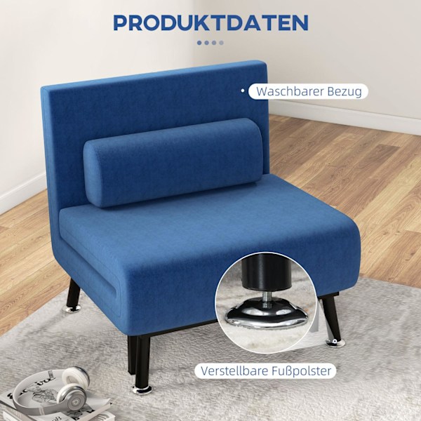 Sovstol, hopfällbar säng med sängfunktion, ryggkudde, hopfällbar relaxstol med linnelook, justerbart ryggstöd, 75 x 70 x 75 cm, mörkblå