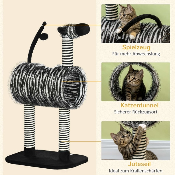 Kradsestolpe Kat Træ Zebra Design Klatretunnel Jute Stolpe Sort + Hvid 93Cm