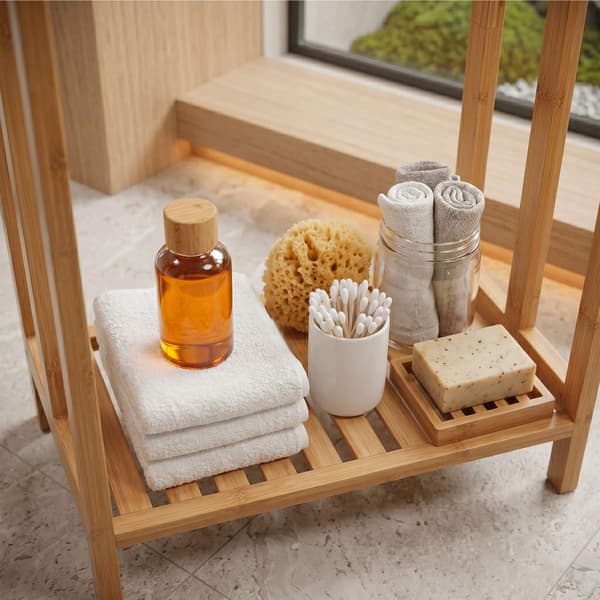 Fristående handdukshängare, bambu och stål, 3 stänger, hyllplan