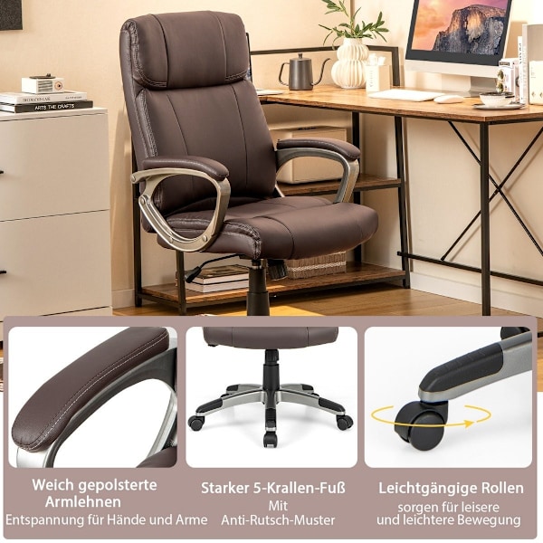 Executive stol vridbar skrivbordsstol av konstläder med vippfunktion och justerbar höjd 64 x 69 x 106-116 cm brun
