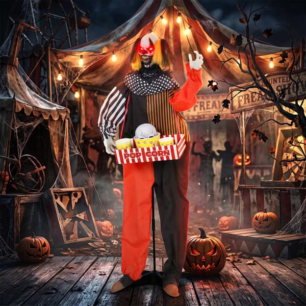Animerad Halloweenclown med popcornlåda och LED-ögon