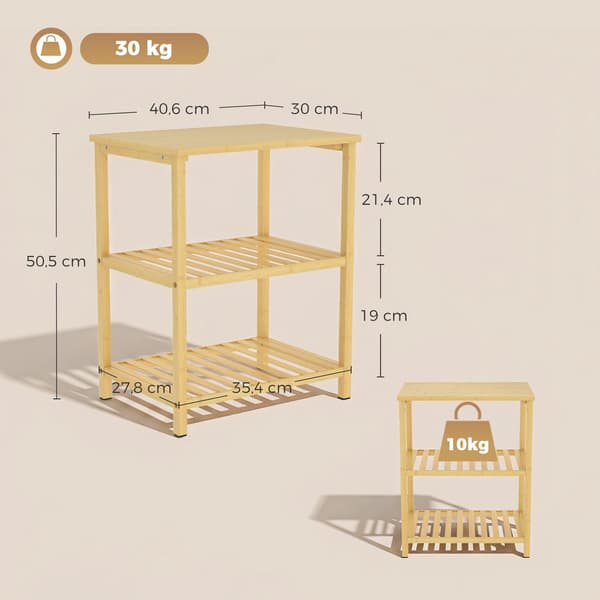 Sidobord i bambu, 3-våningars ribbor, naturlig finish
