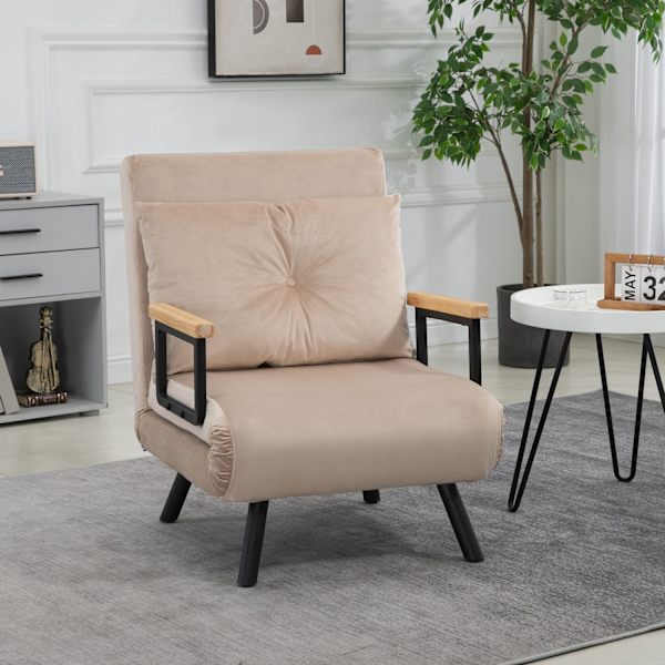 Sovesofa, Afslapningsstol Med Sengefunktion, Gæsteseng Med Fløjlslook, Rygpude, Polstret Sofa Med Justerbart Ryglæn, Beige, 63 X 73 X 81 Cm