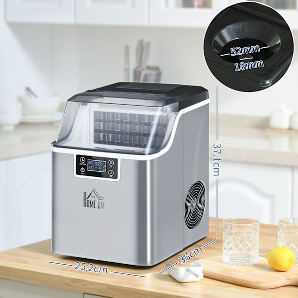 Ice Cube Machine 20 Kg/24H 2,3 L Iskubsmaskin Med 3,2 L Vattentank Iskubmaskin Självrengörande Rostfritt Stål Silver 25,2 X 36 X 37,1 Cm