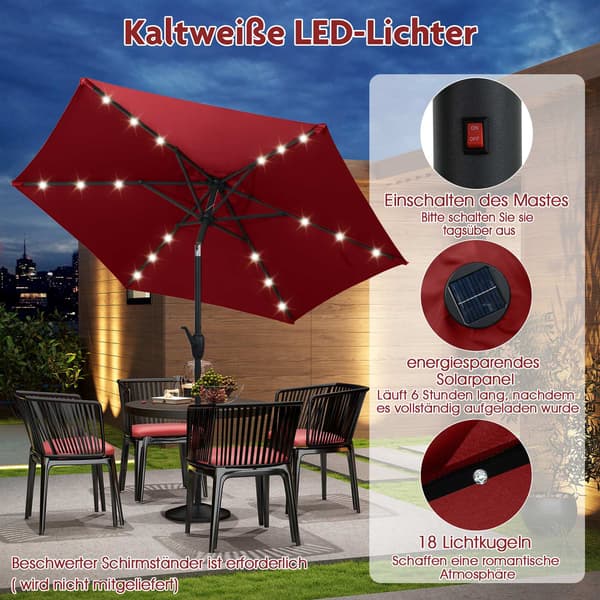 230 cm terrasseparasol med LED-solcellelys og håndsving