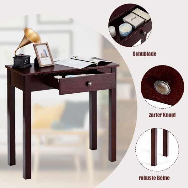 Konsolbord med skuffe, indgangsbord, smalt industrielt sidebord af træ 71 x 30 x 71 cm brun