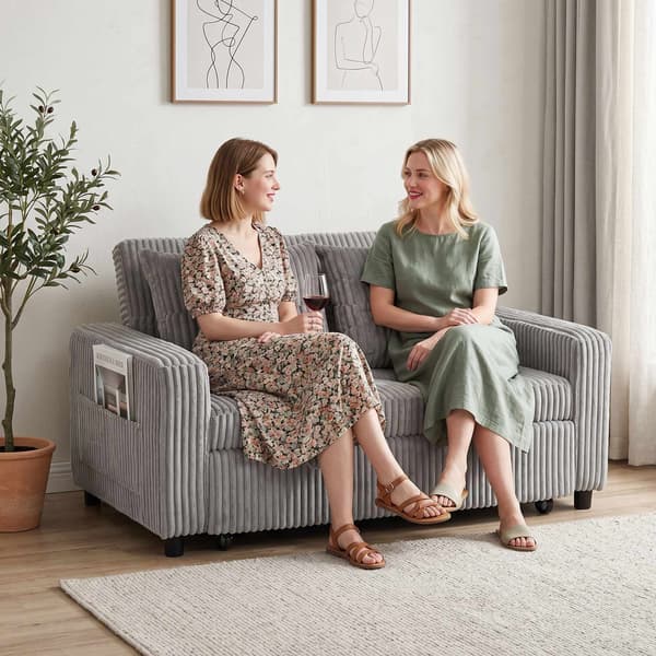 Konvertibel 2-sits bäddsoffa i sladd, 2 kuddar, fickor, grå