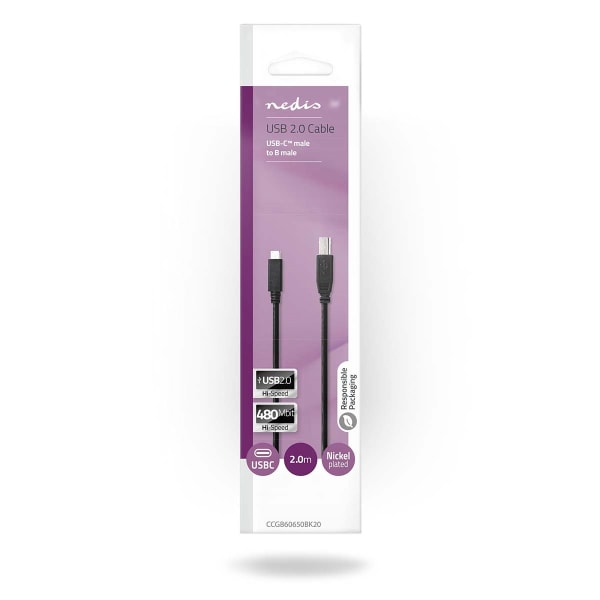 USB kaapeli | USB 2.0 | USB-C™ Uros | USB-B Uros | 480 Mbps | Niklattu | 2.00 m | Pyöreä | PVC | Musta | Laatikko