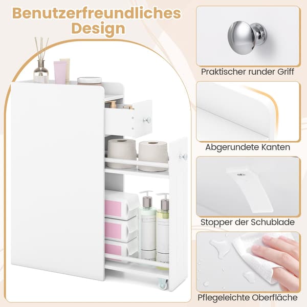 Smalt badrumsskåp med lådor, vit, 4 våningar