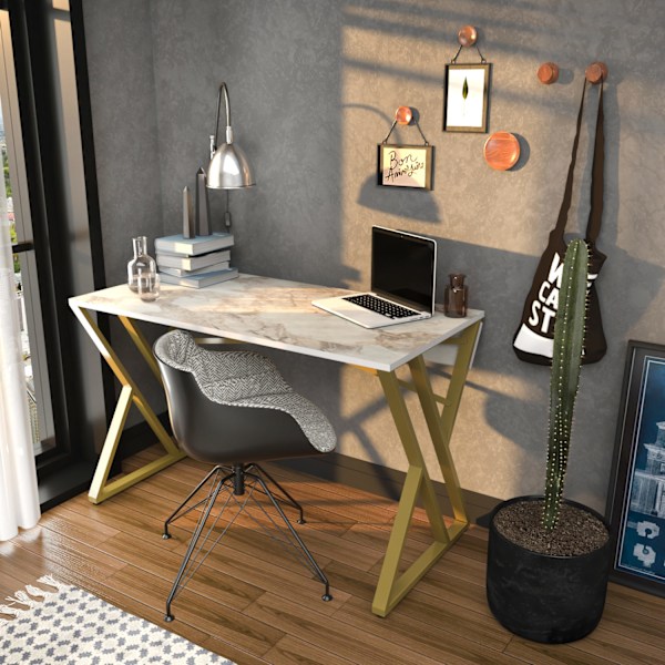 Study Desk Gyza - Hvid, Guld