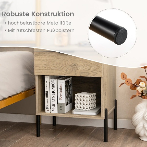 Moderne sengebord med ladestation & skuffe & åbent rum sidebord opbevaringsbord
