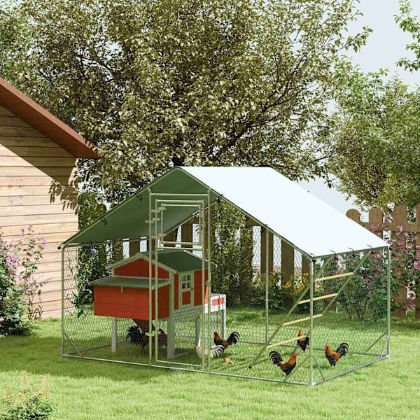 Frigående hönsskåp av stål, 300 x 200 x 195 cm hönsbur med UV-beständigt lock, foderlucka, hängfoder, abborre, hönsskåp för 6-8 kycklingar, smådjur, s