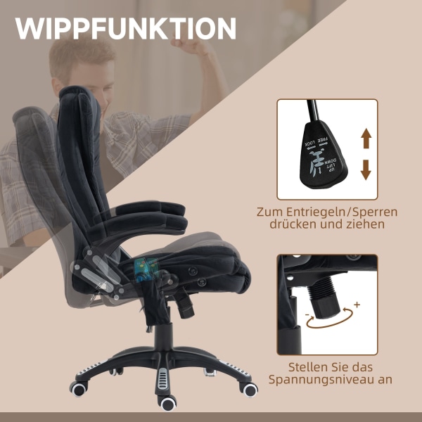 Kontorstol Vippefunktion Massagestol Varmefunktion Ergonomisk Højdejusterbar Op Til 120 Kg Sort