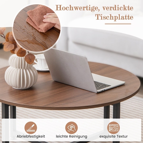 Sæt med 3 sofaborde med robust metalstel, rundt sofabord og 2 firkantede sideborde, brune