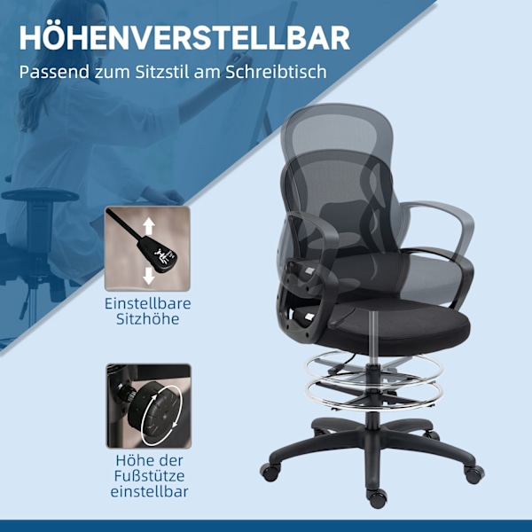 Kontorstol, ergonomisk kontorstol, højdejusterbar, tegnestol, op til 120 kg, sort