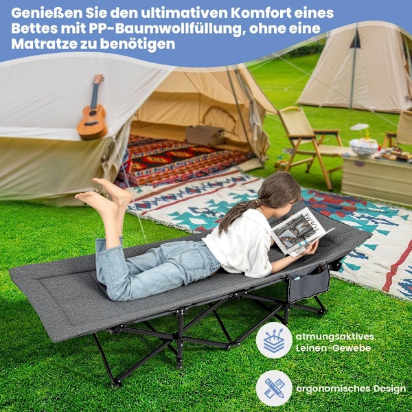 Fällbar campingsäng med sidficka, tältsäng, lastkapacitet upp till 200 kg, gästsäng, grå