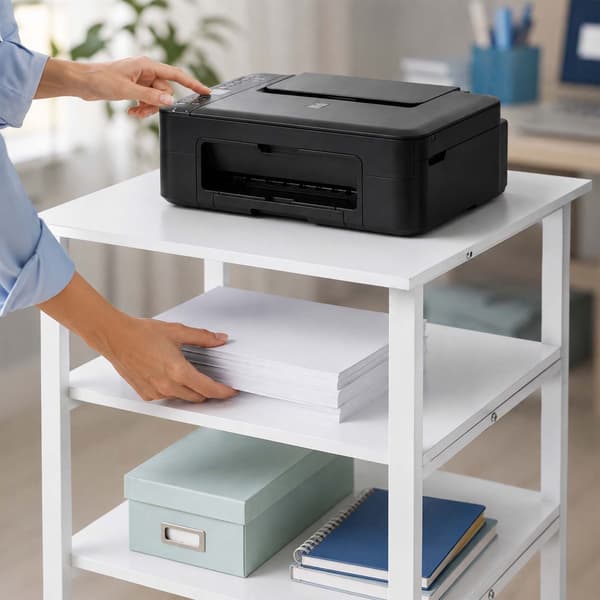 Hvid printerstativ med hjul – 3-lags, under skrivebord