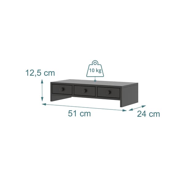 Skærmstativ med 3 skuffer – sort MDF, 10 kg kapacitet