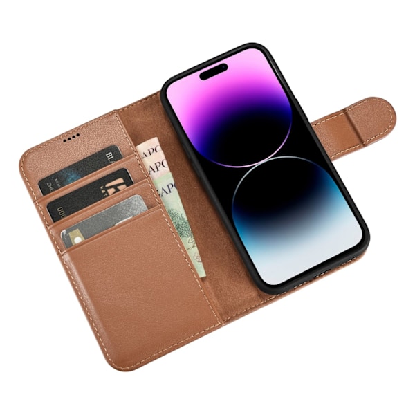 2-i-1 lædercover med klap iPhone 14 Pro Max Anti-RFID Pung Etui brun