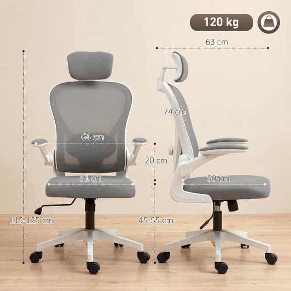 Ergonomisk kontorsstol, nät, uppfällbara armstöd, grå