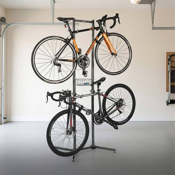 Cykelstativ til 2 cykler med kurv, justerbare arme, sort/grå