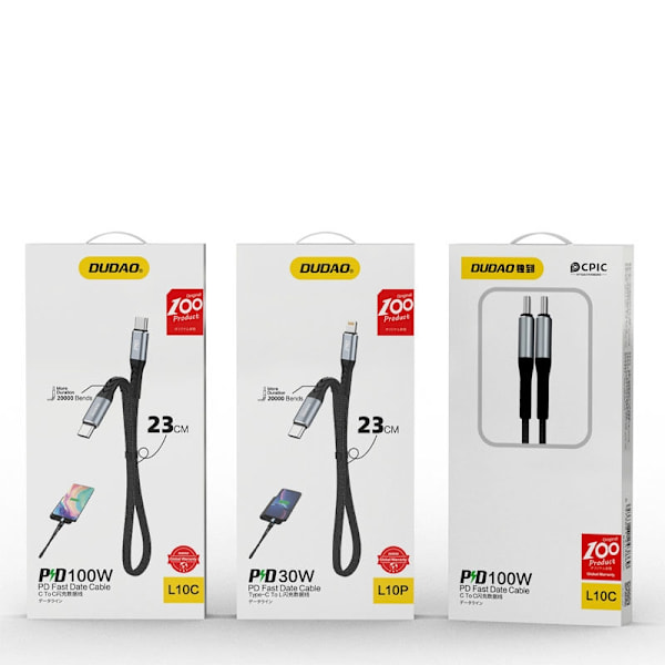Kort fladt kabel til iPhone USB-C - Lightning L10P PD 20W 23cm sort