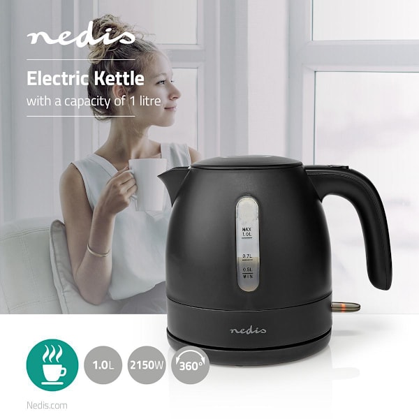 Elkedel | 1.0 l | Plast | Sort | Drejelig 360 grader | Skjult varmeelement | Strix®-controller | Beskyttelse mod kogetørring
