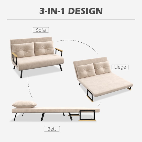 Sovesofa, Afslapningsstol Med Sengefunktion, Foldesofa Med Fløjlslook, Rygpude, Polstret Sofa Med Justerbart Ryglæn, Beige, 102 X 73 X 81 Cm