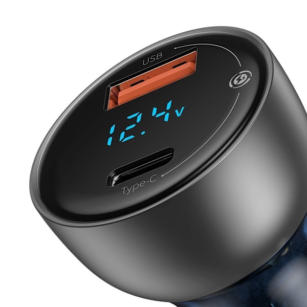USB + USB-C 65W Quick Charge autolaturi, läpinäkyvä LCD-näyttö