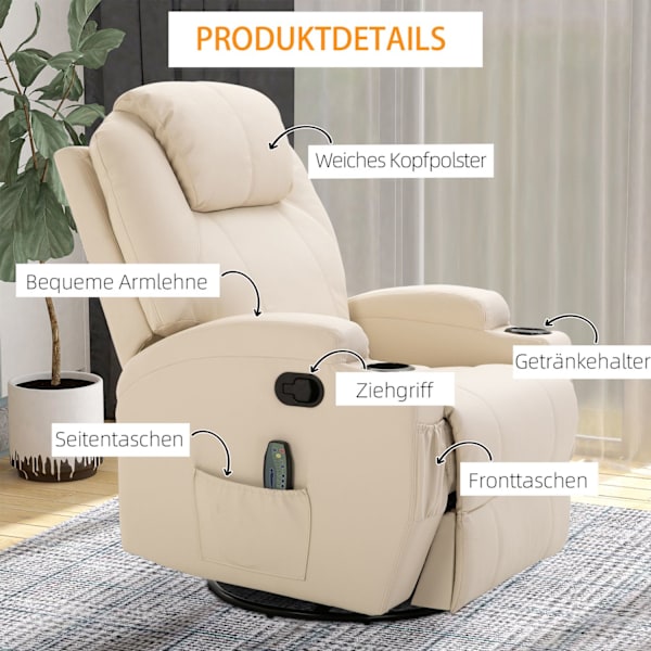 Relaxstol Med Liggfunktion, Elektrisk Massagestol, 5 Massagelägen, Konstläder, Krämvit, 84X92X109Cm