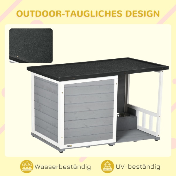 Hundehus Med Terrasse Gran Wood Hundehus Med 2 Skåle & Asfalttag, Vejrbestandig, Grå, 103X62X60-66Cm