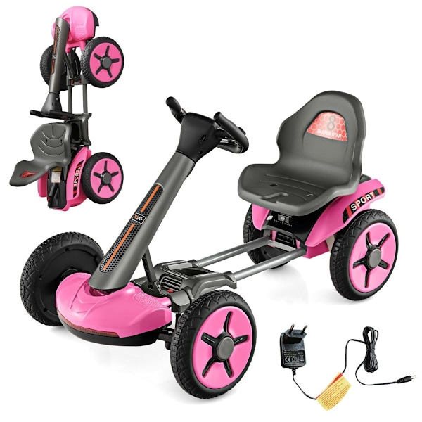 12V elektrisk gokart för barn med LED & 2-vägs justerbar ratt & stolsbelysning rosa