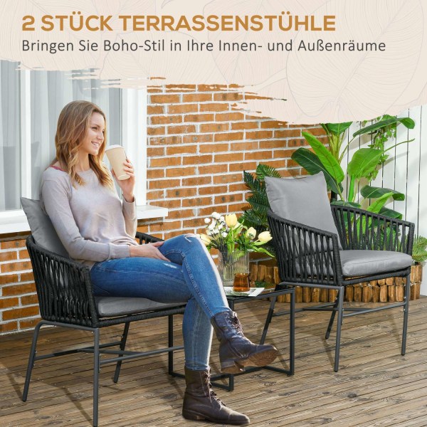 Setti 2 Puutarhatuolia Ja Tyynyjä, Boho Style -Puutarhatuolisarja, Puutarhatuoli, Puutarhakalusteet, Parveketuoli, Patiotuoli, Metallirunko