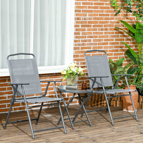 Havemøbel bistrosæt foldbart med 1 bord og 2 stole, slidstærkt af stål og mesh, 53,5 x 64 x 93 cm, lysegrå til altan & terrasse