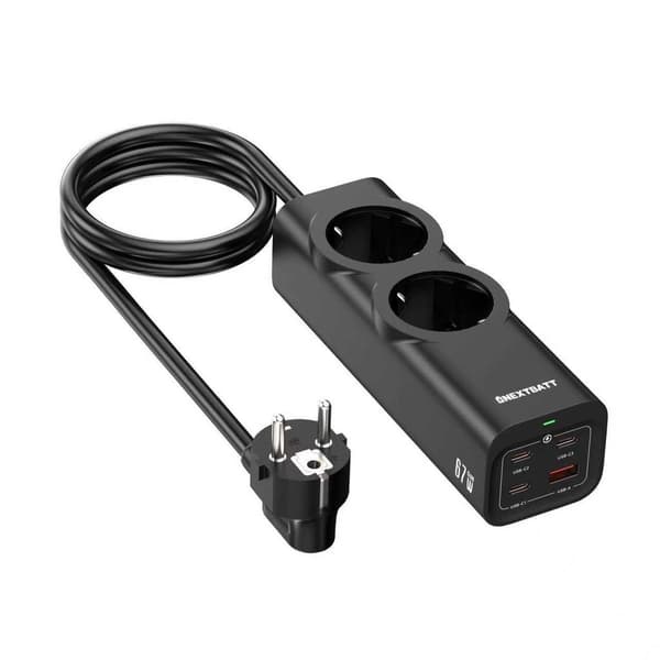 NEXTBATT 67W snabbladdningsgrenuttag 2-vägs/ 3xUSB-C/1x USB-A, 2m - Svart