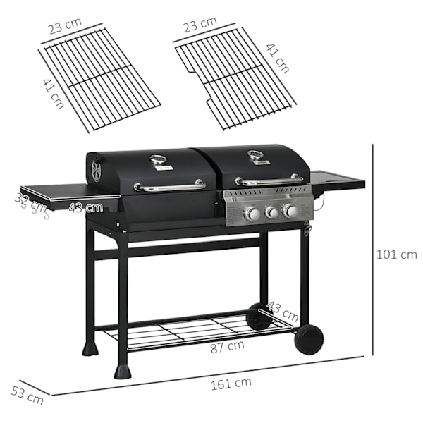 Kaasugrillivaunu 2+1 Polttimella, Lämpömittari, 3Kw, Bbq Hiiligrilli, Hylly, Sivuhylly, Koukku, Leirintäalue, Musta