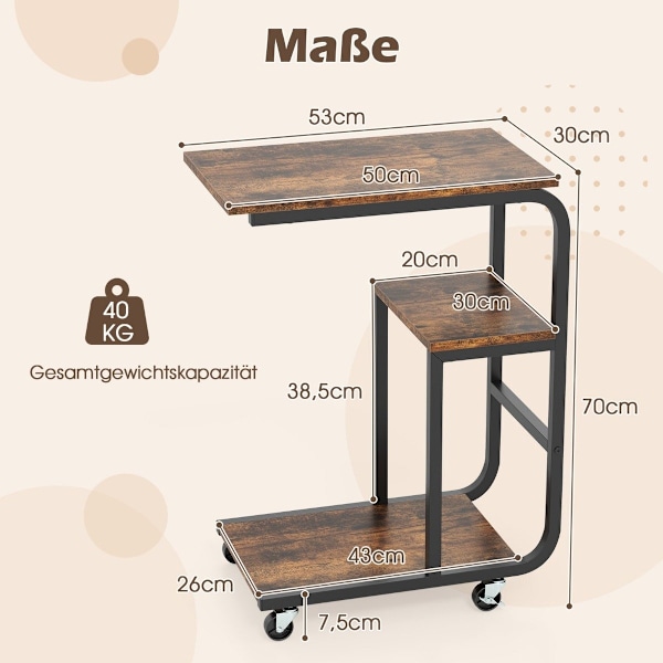 C-formet sidebord med åbne hylder og aflåselige hjul Pladsbesparende sofabord