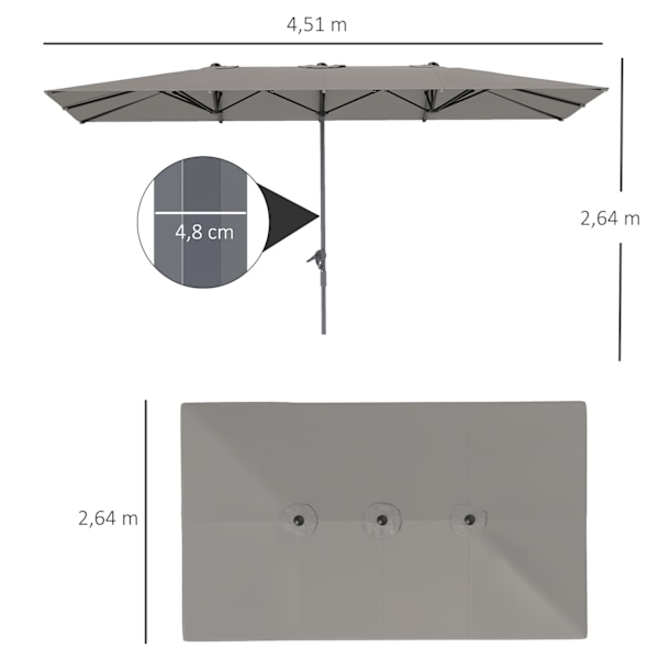 Dobbelt Parasol med håndsving 451 x 264 cm, UV Beskyttelse 50+ Parasol, Vindtæt Haveparasol Balkonparaply Aluminium Market Paraply Solafskærmning til