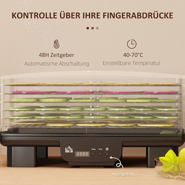 Kuivausrumpu 6 korkeussäädettävällä lokerolla, 550 W, 40-70°C, 48 tunnin ajastin, kuivausrumpu lihalle, hedelmille, vihanneksille, kukille, musta