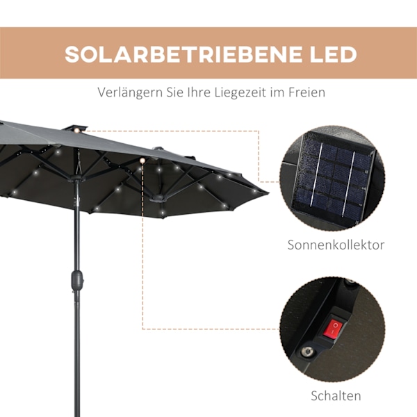 Dobbeltparasol, 295 x 219cm, parasol med LED, oval, haveparasol, vindtæt, stabil, markedsparasol med justerbar vippevinkel til terrasse, pool, polyest