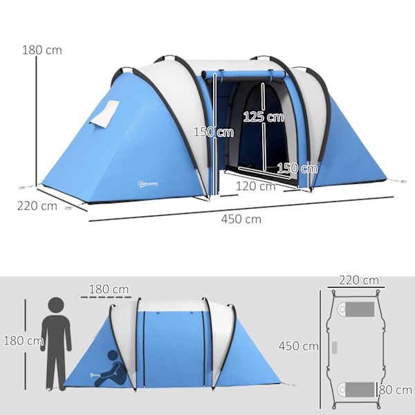 Campingtelt til 4-5 personer, letvægts, vandafvisende familietelt med 3 rums sidedørsvinduer, telt med 3000 mm vandsøjle, tunneltelt, kuppeltelt til c