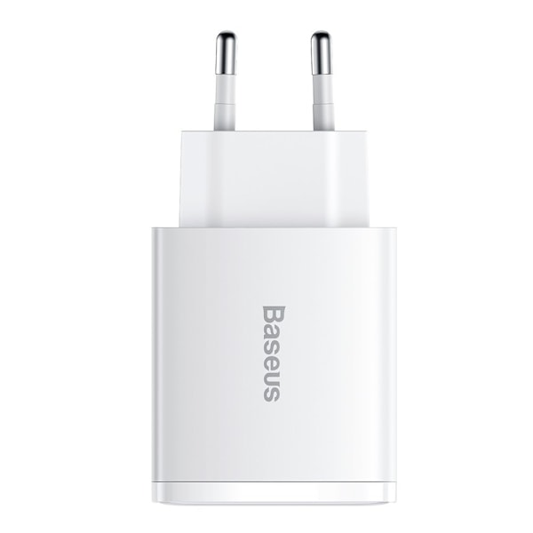 Kompakt hurtig vægoplader 2x USB USB-C 30W 3A PD QC hvid