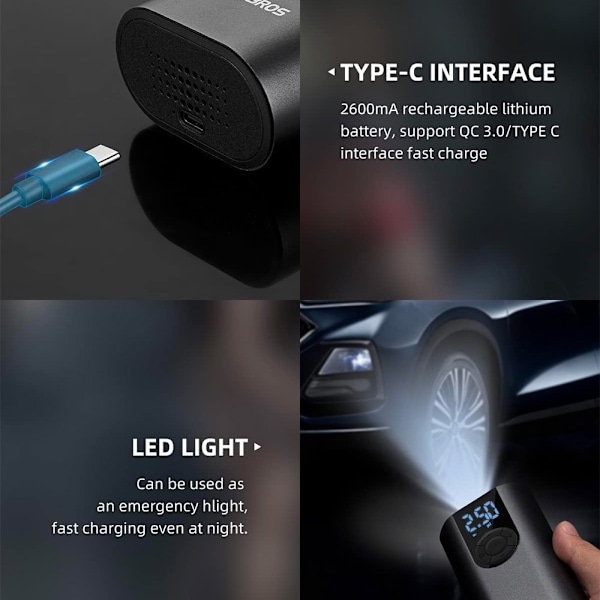 Sähköpumppu polkupyörän moottori autopallo 10 bar LED-näytöllä + USB-C kaapeli, musta