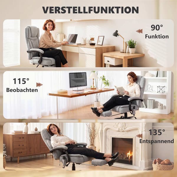 Ergonomisk kontorstol med massage og varme, kan lænes tilbage 135