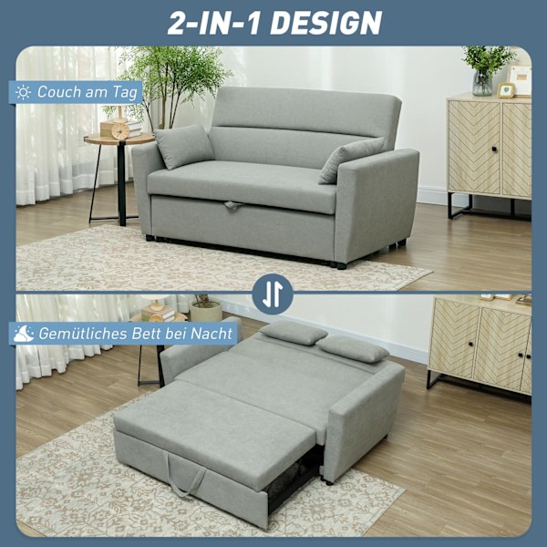 Bäddsoffa, 2-sits soffa med sovfunktion, justerbart ryggstöd, soffa med kuddar, sammetslook, bäddsoffa med bäddbox för vardagsrum, gästrum, ljusgrå