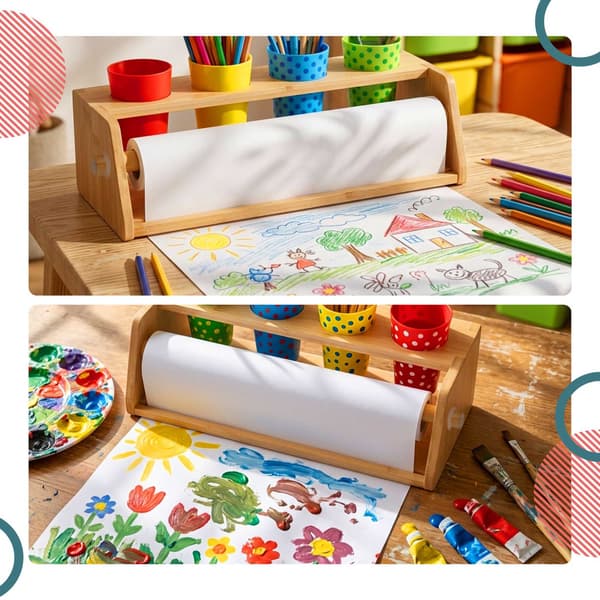 Lasten taideteos, jossa 3 paperirullaa, mänty